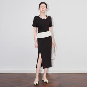 「高货wl」全新升级【铂金会员349/天猫469/差价120】(99937)洛诗琳小香风气质钉珠荷叶边上衣开衩直筒半裙两件套女