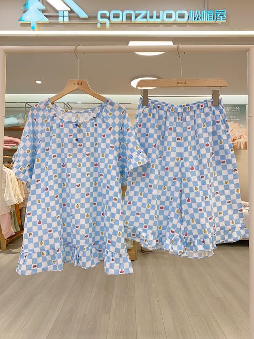 松植屋女士【水果格】纱布圆领短袖短裤睡衣套装100%纯棉双层纱家居服圆领设计优雅显瘦女款 商品图5