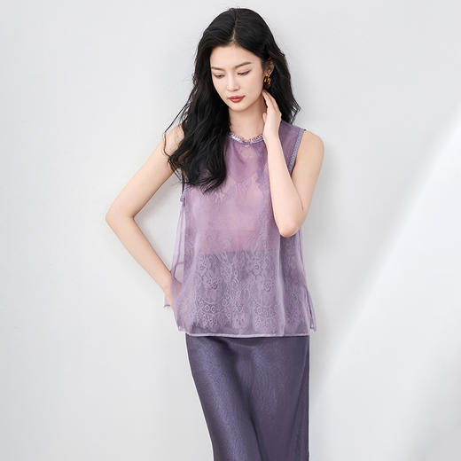 「高货wl」全新升级【铂金会员247/天猫329/差价82】(93601)洛诗琳时尚优雅欧根纱上衣蕾丝花边拼接圆领时髦洋气背心 商品图1