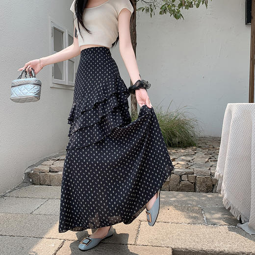 复古不规则半身裙 夏季松紧高腰显瘦休闲百搭垂坠感A字大摆半裙 商品图3