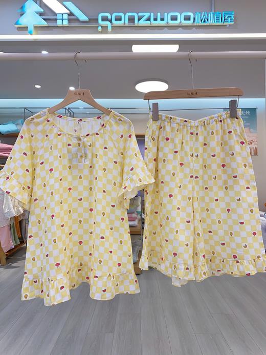 松植屋女士【水果格】纱布圆领短袖短裤睡衣套装100%纯棉双层纱家居服圆领设计优雅显瘦女款 商品图0