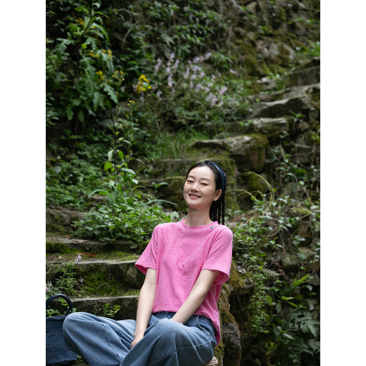 牧衣游原创手工刺绣酵洗棉质T恤圆领简约纯色百搭休闲短袖 绵绵梦 商品图2