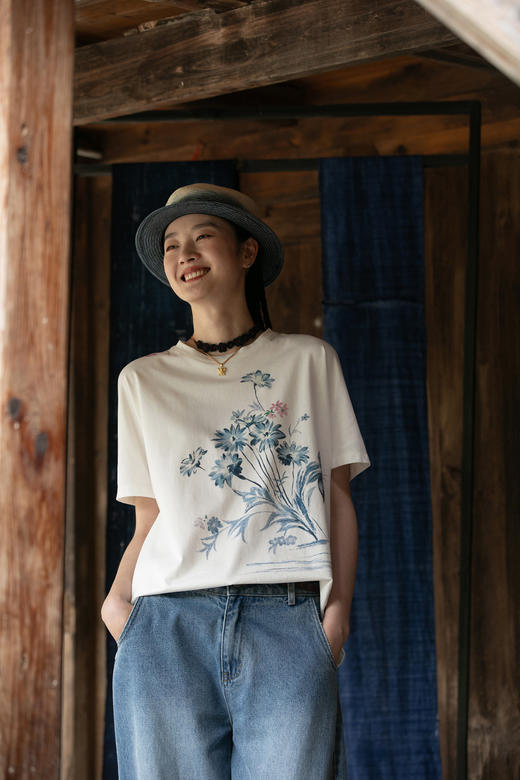 牧衣游原创 定位印花炒色20支纯棉T恤女夏新品休闲百搭短袖 一航 商品图5