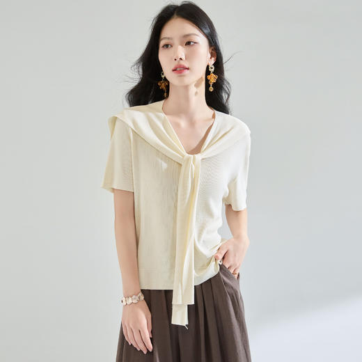 「高货sh」全新升级【铂金会员165/天猫219/差价54】(01111)洛诗琳夏季高级感简约气质V领短袖针织衫外搭披肩两件套 商品图1