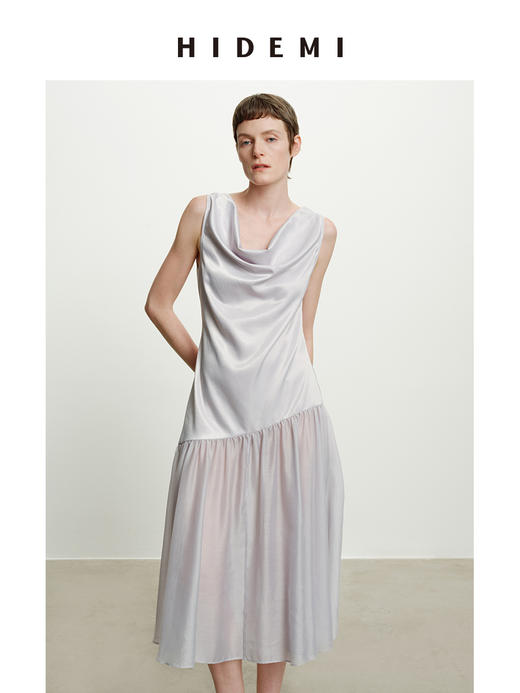 HIDEMI云雾紫极简设计感堆堆领柔光缎面韩国进口纱线不对称剪裁拼接式连衣裙长裙 商品图5