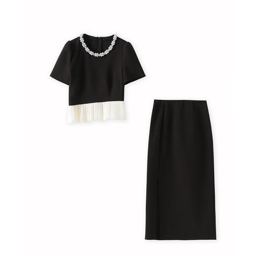 「高货wl」全新升级【铂金会员349/天猫469/差价120】(99937)洛诗琳小香风气质钉珠荷叶边上衣开衩直筒半裙两件套女 商品图4