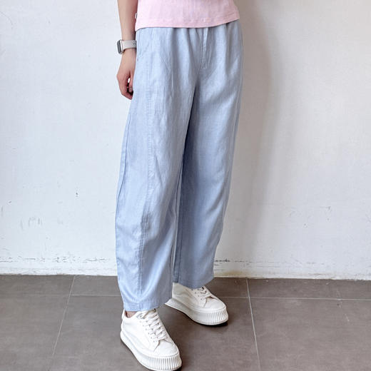 高级亚麻雾霾蓝直筒休闲裤 商品图1