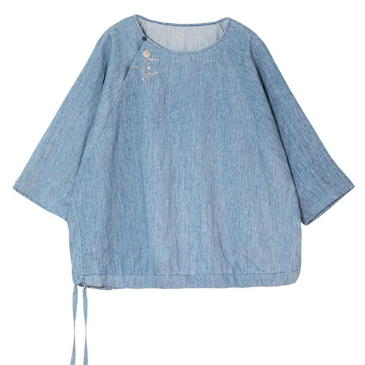 牧衣游原创 进口亚麻手工刺绣炒色套头衫轻薄抽绳七分袖上衣 境禾 商品图4