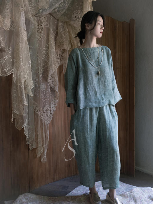 Jai 艾草绿亚麻茧型裤 商品图1