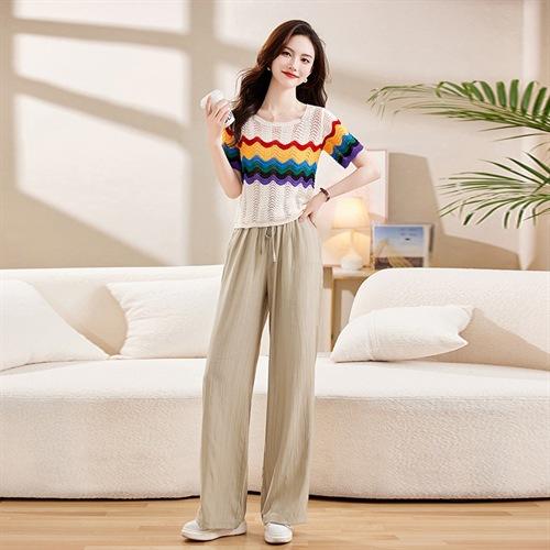 修身显瘦冰丝上衣，时尚棉锦绉休闲裤套装HR-YBER307 商品图3