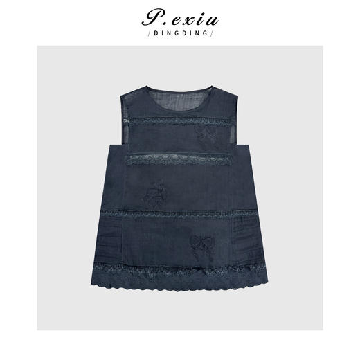 04-3潘依绣丁丁宠粉100%苎麻蕾丝绣花高级感无袖衬衫 W-63223 商品图0