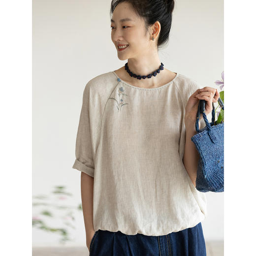 牧衣游原创 进口亚麻手工刺绣炒色套头衫轻薄抽绳七分袖上衣 境禾 商品图3