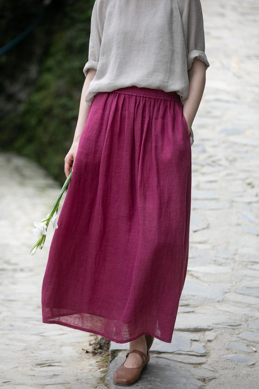 牧衣游原创 进口亚麻半身裙轻薄松紧腰显瘦质朴百搭宽松半裙 净山 商品图5