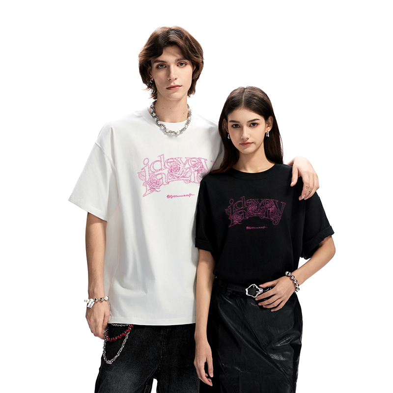 IDEVERRAY夏季新款花卉字母印花休闲情侣装圆领短袖男女士宽松t恤21MSL-ID25SSFAT006