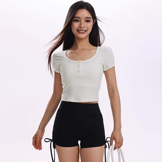 跃牌【倚窗听雨】兰精莫代尔瑜伽服女短款罗纹修身显瘦亨利领上衣运动健身短袖T恤DA100 商品图2