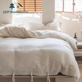 松植屋A类棉麻绑带款四件套日系风花卉撞色提花亚麻棉肌理床单被套