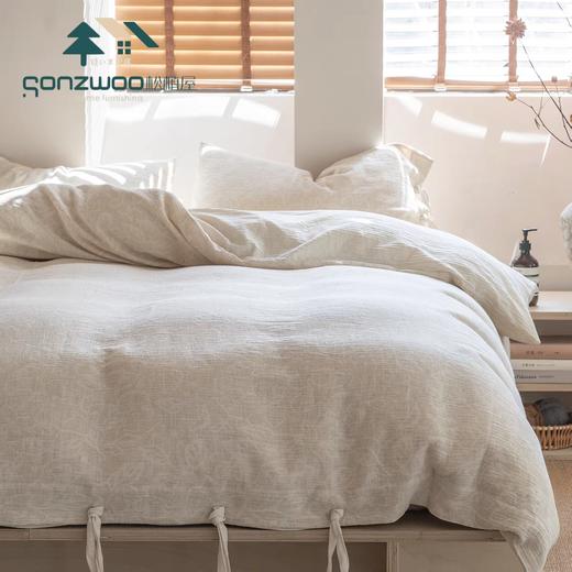 松植屋A类棉麻绑带款四件套日系风花卉撞色提花亚麻棉肌理床单被套 商品图0