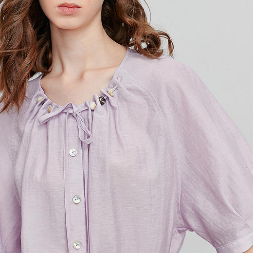 初语亚麻衬衫女民族风串珠圆领宽松衬衣清新上衣 商品图3
