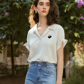 OLrain欧芮儿V领短袖刺绣图案POLO衫女夏季2025新款气质上衣