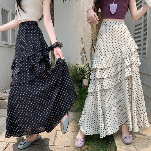 复古不规则半身裙 夏季松紧高腰显瘦休闲百搭垂坠感A字大摆半裙 商品图1
