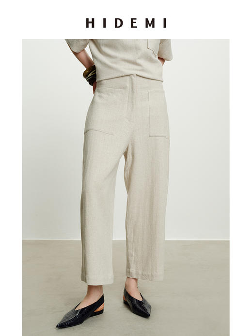 HIDEMI 度假系列水洗艺术肌理感原色亚麻口袋极简套装上衣/茧型裤 商品图8