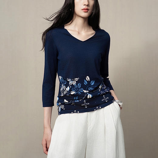【林栖设计小店】绵羊毛毛织上衣蓝印花铁线莲传统修身显瘦2025秋季新款针织衫女1953079 商品图0