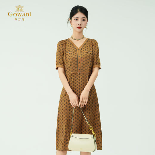 乔万尼新品真丝V领宽松时尚菱格花印花连衣裙ED2E560 商品图1