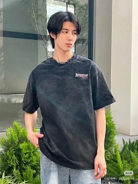 经典可乐海浪水洗渐变破洞立体刺绣圆领短袖