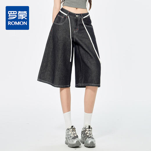 罗蒙女士高腰宽松复古阔腿裤抽绳设计百搭高腰七分牛仔裤女短裤 商品图0
