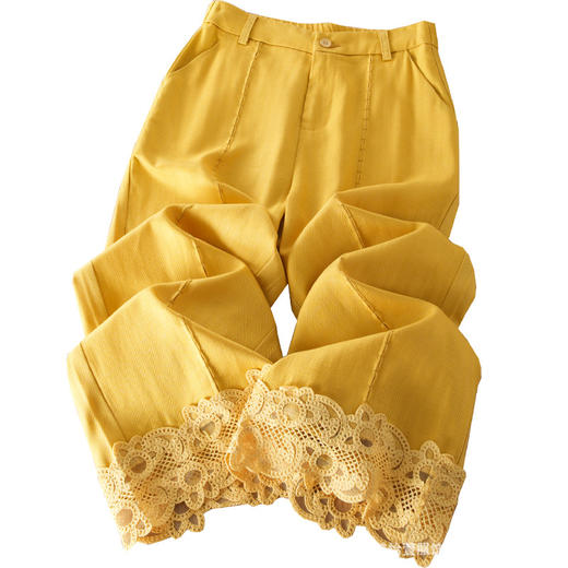 「自」全新升级【铂金会员201/天猫269/差价68】(00642)洛诗琳气质蕾丝拼接休闲阔腿裤2025夏季新款垂感修身直筒裤 商品图4