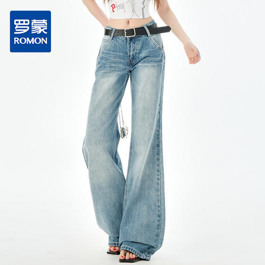 罗蒙女士夏季薄款复古水洗微喇牛仔长裤女高腰宽松阔腿显瘦九分裤 商品图0