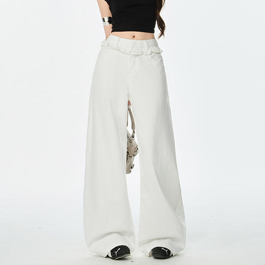 罗蒙女士白色花边阔腿牛仔裤女夏季薄款高腰宽松垂感直筒拖地长裤 商品图2