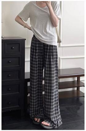 ｛休闲裤2025｝夏季顺滑薄款格子直筒长裤-喜出