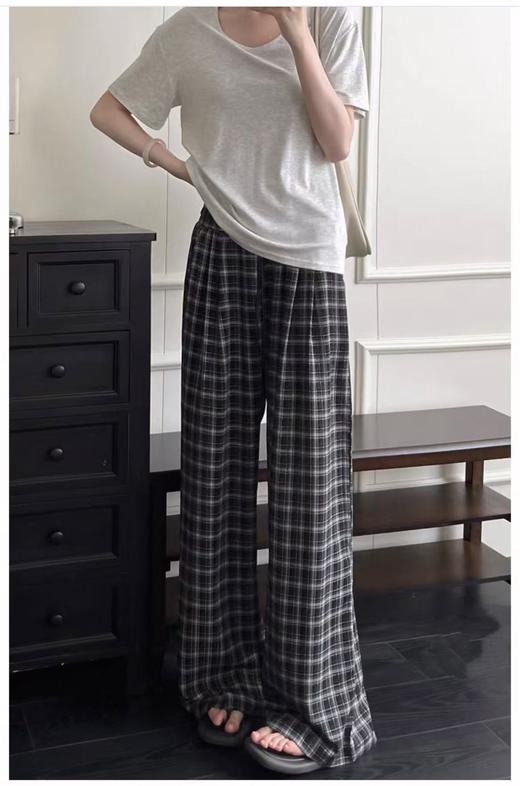 ｛休闲裤2025｝夏季顺滑薄款格子直筒长裤-喜出 商品图0