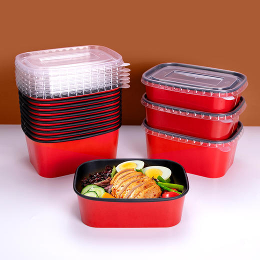 喇叭花一次性饭盒红色黑红纸碗餐盒方形带盖汤碗外卖便当打包盒 商品图2