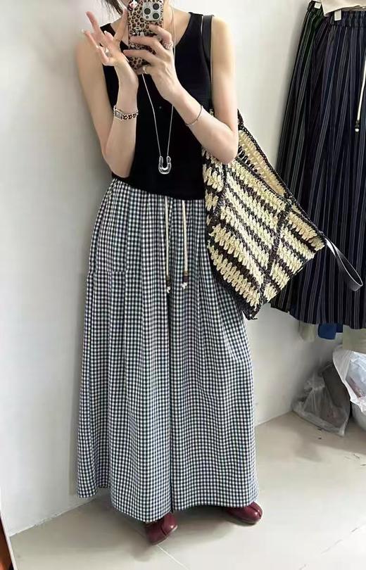 ｛休闲裤2025｝6536棉麻风黑白格宽腿大裤脚裙裤-喜出 商品图1