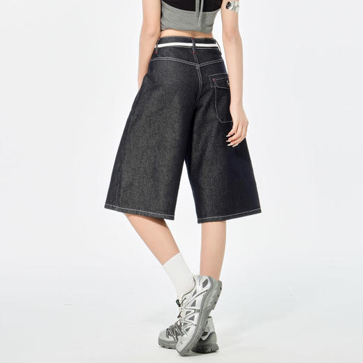 罗蒙女士高腰宽松复古阔腿裤抽绳设计百搭高腰七分牛仔裤女短裤 商品图4