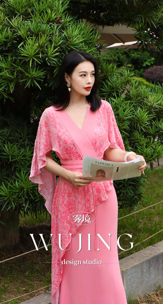 3205059 樱樱桃夭 重磅印花植绒料/进口纹理蜂窝缎连衣裙 雾境 商品图6