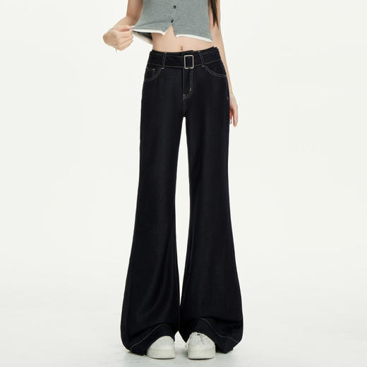 罗蒙女士微喇牛仔长裤女夏季薄款高腰显瘦不贴腿宽松垂感直筒九分喇叭裤 商品图3