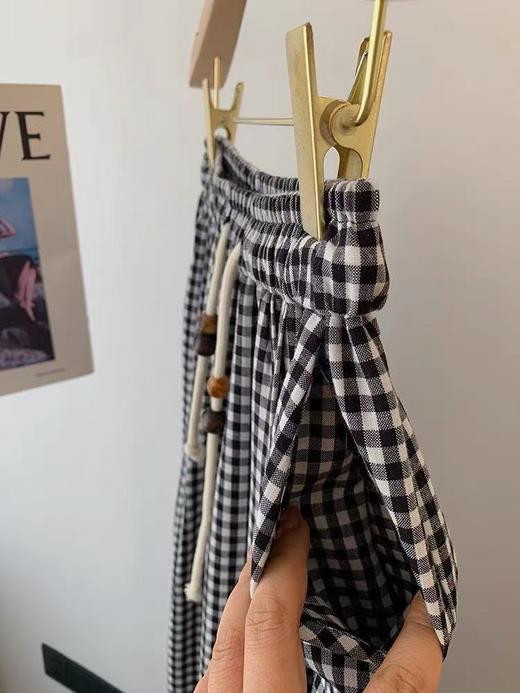 ｛休闲裤2025｝6536棉麻风黑白格宽腿大裤脚裙裤-喜出 商品图4