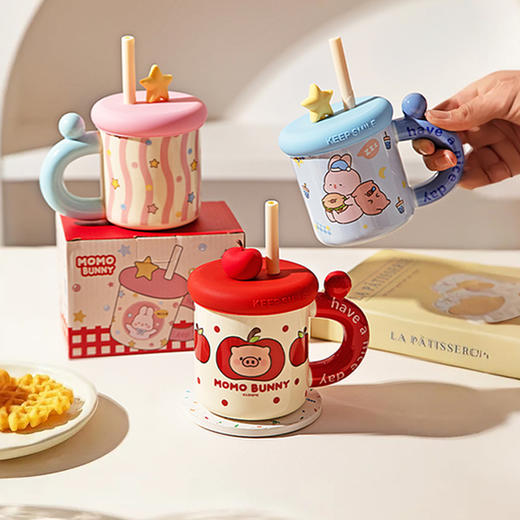 摩登主妇&MOMO兔 带盖马克杯高颜值陶瓷杯子办公室水杯早餐杯 商品图0