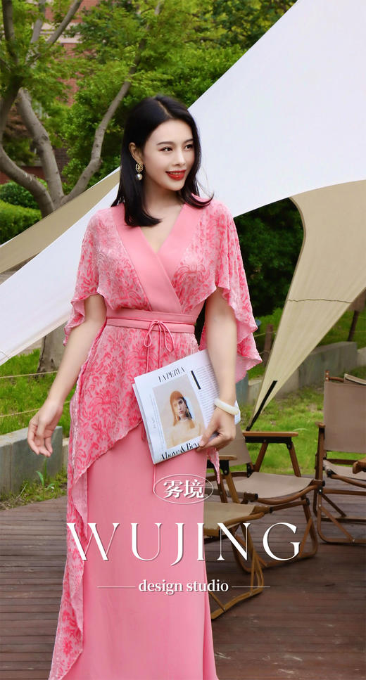 3205059 樱樱桃夭 重磅印花植绒料/进口纹理蜂窝缎连衣裙 雾境 商品图8