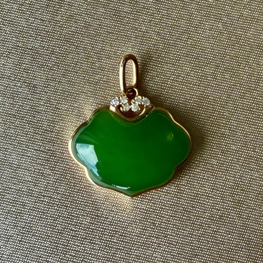 18K玫瑰金包镶和田玉（碧玉）镶钻吊坠--如意/异形10*14mm/菠菜绿 商品图0