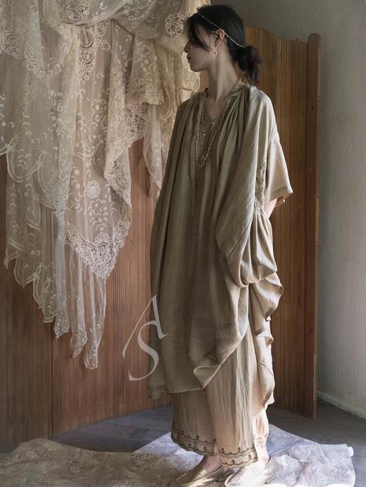 Maku  茶金色手织真丝刺绣法式褶皱连衣裙 商品图2