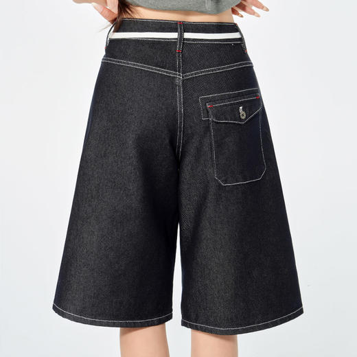 罗蒙女士高腰宽松复古阔腿裤抽绳设计百搭高腰七分牛仔裤女短裤 商品图6