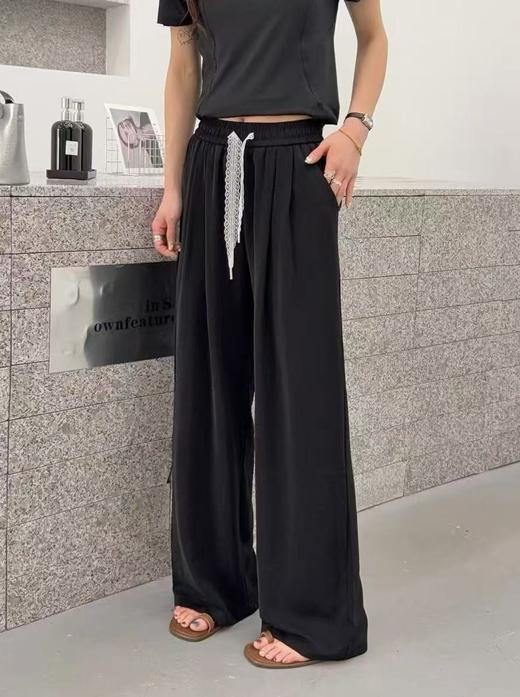 七夕福利-NO退｛休闲裤2025｝807冰丝奶芙裤蕾丝腰绳直筒裤夏季清凉裤-喜出 商品图4