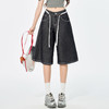 罗蒙女士高腰宽松复古阔腿裤抽绳设计百搭高腰七分牛仔裤女短裤 商品缩略图1