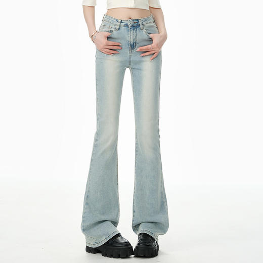 罗蒙女士复古休闲微喇牛仔长裤女夏季薄款高腰弹力拖地裤显瘦九分裤 商品图2