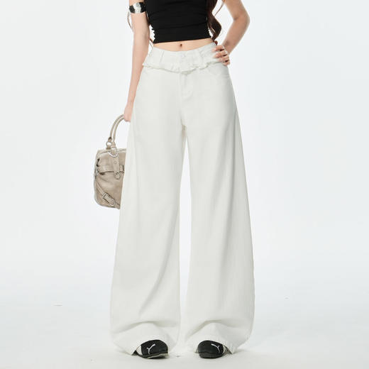 罗蒙女士白色花边阔腿牛仔裤女夏季薄款高腰宽松垂感直筒拖地长裤 商品图1