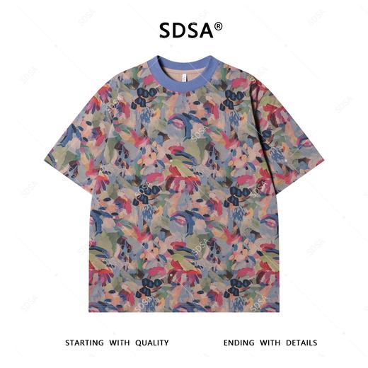 T3952夏季高级感新款男士美式油画撞色设计短袖T恤百搭复古圆领上衣 商品图1